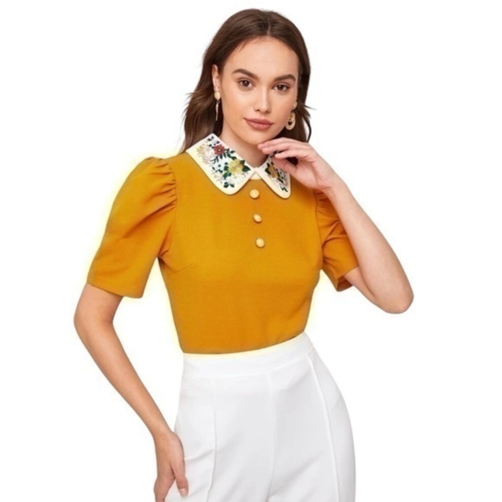 SHEIN Mulvari Contrast Floral Embroidered Collar Puff Sleeve Top 💕